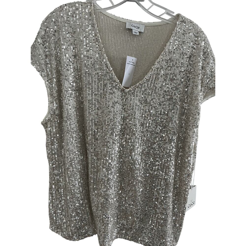 Cece Womens Sequin Top L Blouse Shell Silver Cap Sleeve Glam Party NWT